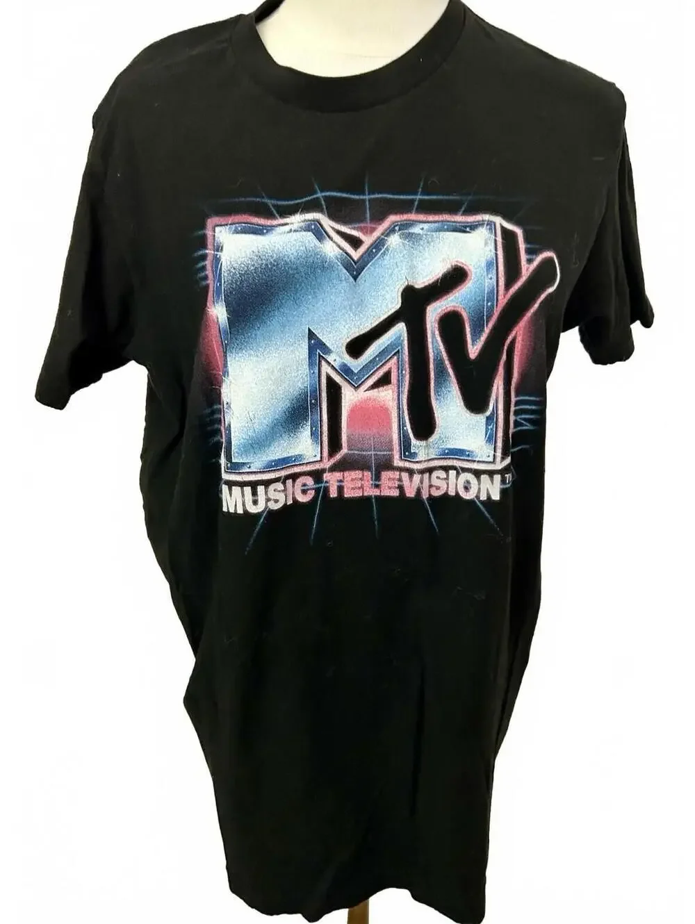MTV Music Television Graphic Logo Black Men’s T-Shirt M Crew Neck Cotton Retro